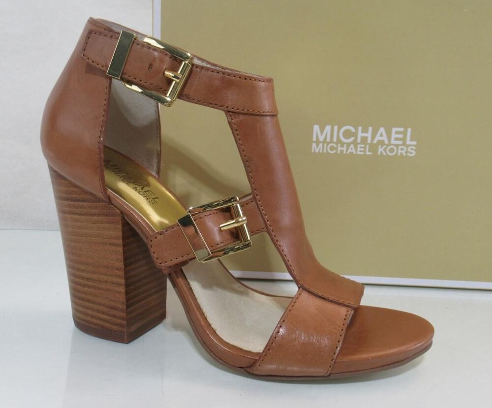 Women's Michael Kors Robin T-Strap Heels Sandals Leather Luggage Size 8.5